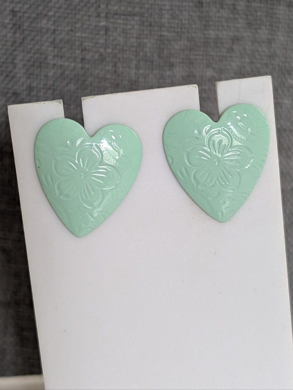Vintage Southwestern Style Mint Enamel Floral Embossed Heart Boho Post Earrings